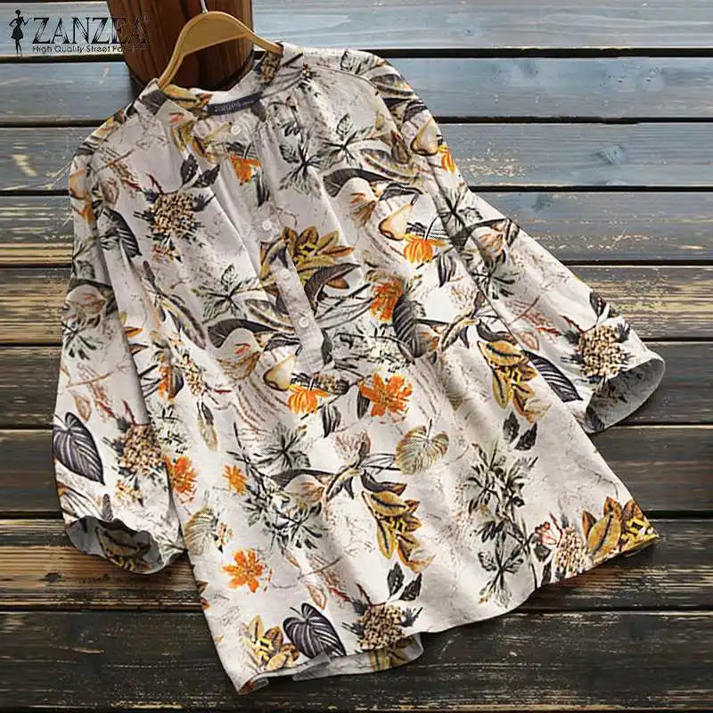

2022 винтажная женская блузка с принтом, рубашки ZANZEA, весенние топы с рукавом 3/4, повседневные женские свободные блузки большого размера на пу...
