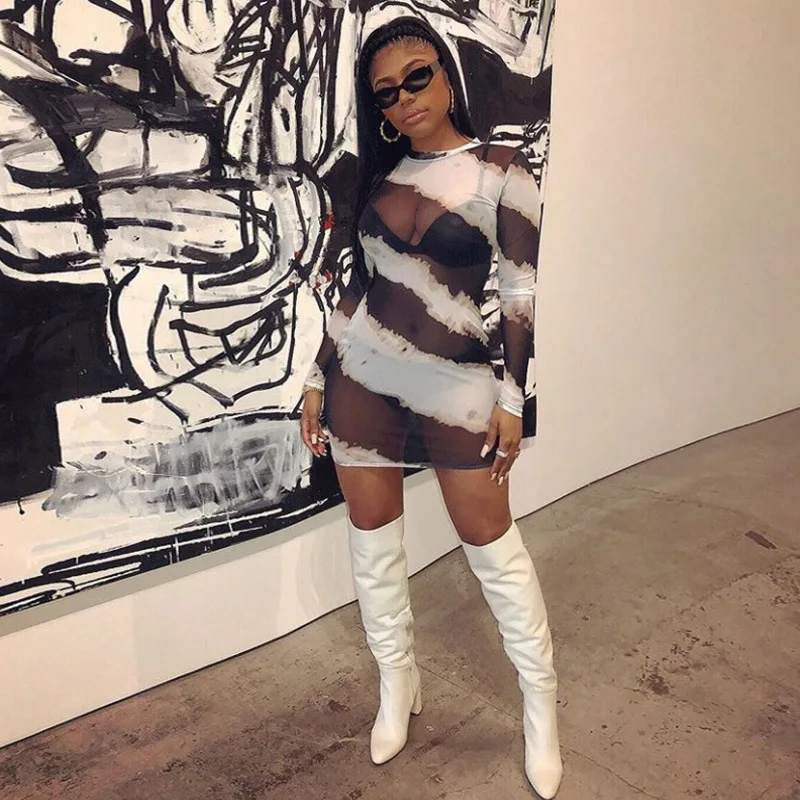 2019 Сетчатое прозрачное сексуальное обтягивающее платье для вечеринок Полосатое