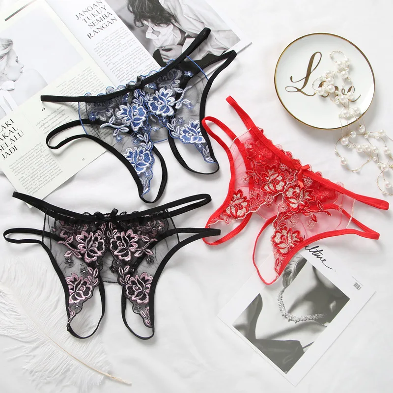 

Gobetter Women's Sexy Thongs Lace Open Crotch Briefs G-string Underwear Lingerie Panties Ladies T-back Intimates Female Briefs