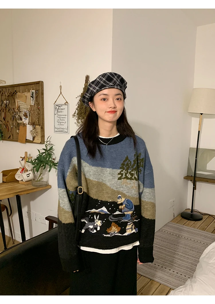 Woherb Pull Femme, осенне-зимний вязаный свитер в стиле Харадзюку, Женский контрастный пуловер с мультяшной вышивкой, джемпер, корейские свитера