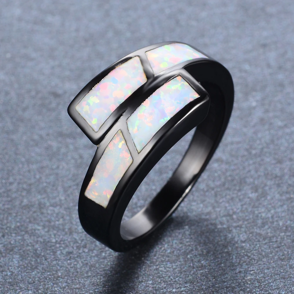

Luxury Female White Opal Stone Rings Charm 14KT Black Gold Wedding Rings For Women Vintage Bride Geometry Thin Engagement Ring