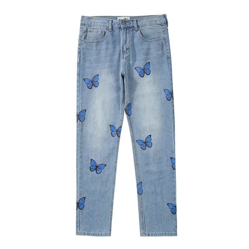 

Мужские джинсовые брюки в стиле Харадзюку, синие прямые рваные джинсовые брюки большого размера с принтом бабочки в стиле ретро