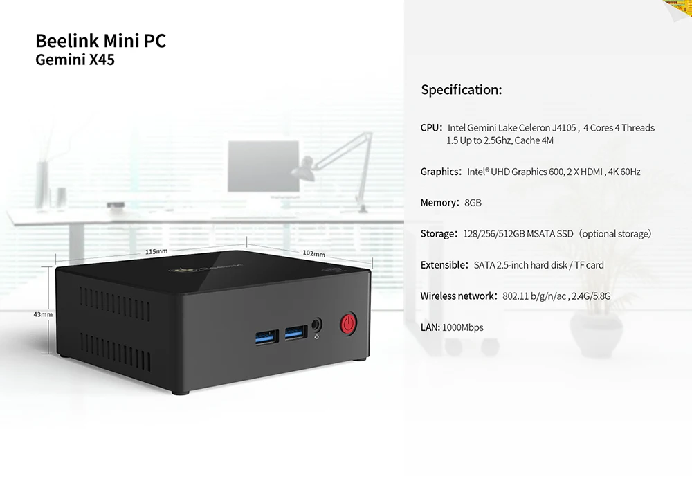 Beelink Gemini X45 Windows 10 Мини ПК компьютер 8GB ram 128G SSD Intel Celeron J4105