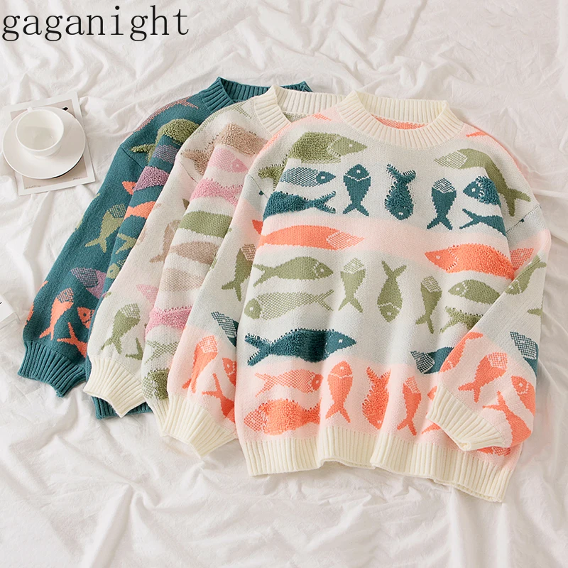 Gaganight винтажный Модный женский свитер с рыбками Свободный пуловер длинными
