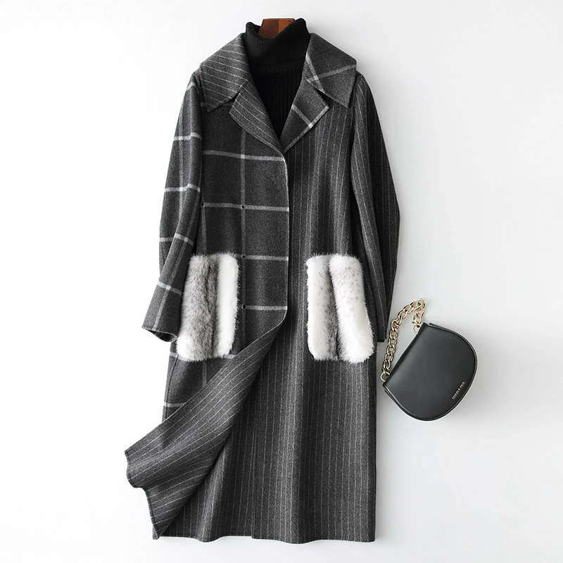Роскошное Женское шерстяное пальто длинное женское клетчатое из натурального
