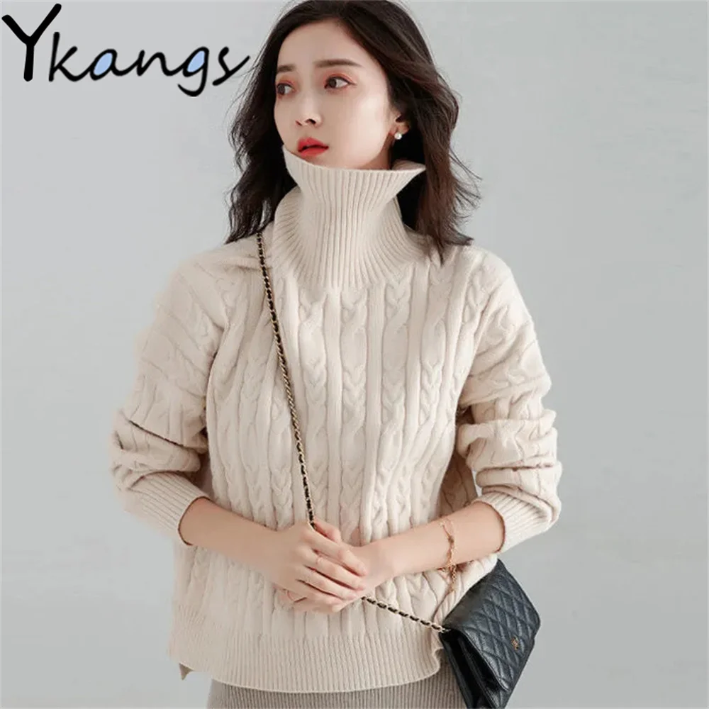 

Женский кашемировый свитер с высоким воротом, осень-зима 2021 года, элегантная однотонная повседневная одежда, женские вязаные топы с перекру...