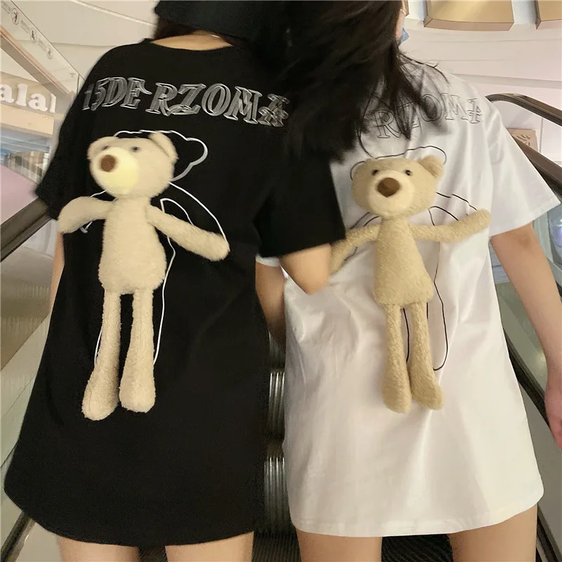 

Graphic Tees Women Printed T-shirt Back Three-dimensional Bear Short Sleeves T Shirt Summer Korean Loose Long Kawaii Clothes