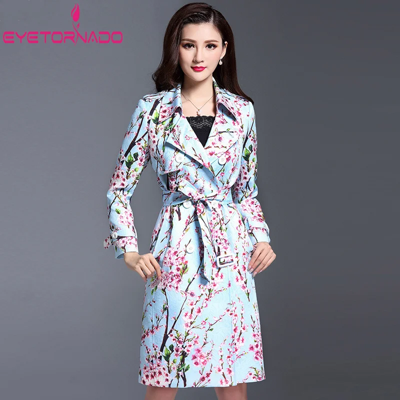

Fashion Trench Coat for Woman Classic Double Breasted Long Coat Floral Print Dobby Casual Work Business Windbreaker Overcoat