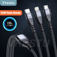 66w 6a usb type c micro flash charge cable for iphone 13 x pro fast charge kable 6 5a 3 in 1 braided 40w super charge cord 1 2m