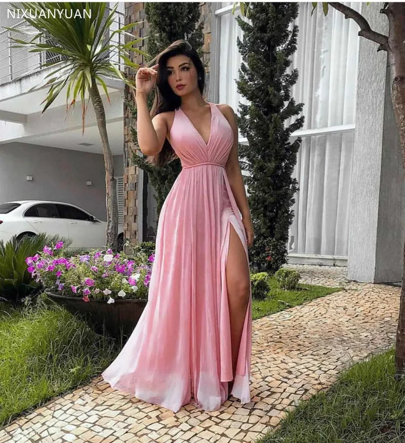 

Женское вечернее платье с глубоким V-образным вырезом, розовое платье-трапеция с открытой спиной и разрезом сбоку, платье для торжества, 2021