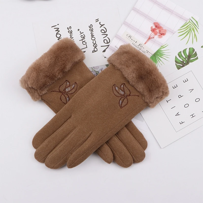 

Женские зимние уличные перчатки для вождения с вышивкой листьев, утолщенные плюшевые теплые тянущиеся варежки с закрытыми пальцами