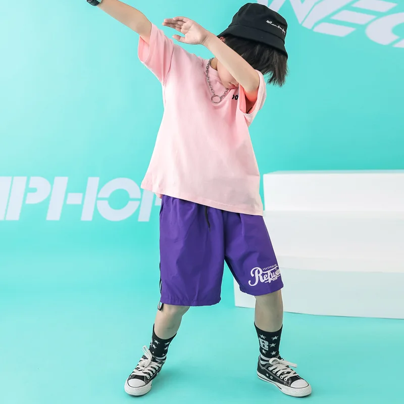 

Children Summer Clothes Stage Perform Jazz Dance Costume Fashion Boys Girls Loose Hiphop Dancing Suit Short Sleeve Streetwear