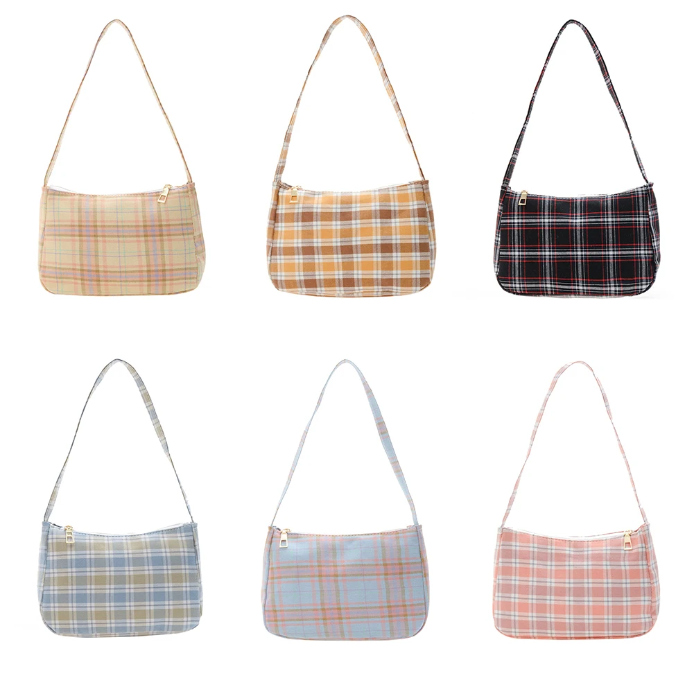 

Casual Canvas Handbag Ladies Plaid Print Shoulder Bag Female Underarm Pouch Bag All-match Messenger Outdoor Accessories