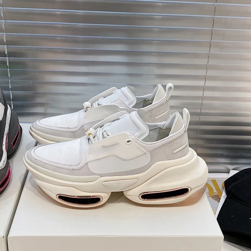 

2021 Spring Autumn New Fashion Platform Sneakers Lace-up Genuine Leather Increased Thick-soled Stretch Socks Velcro Old Shoes