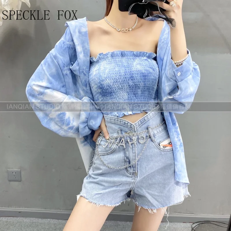 

Комплект из двух предметов Женская корейская мода свободная блузка рубашка эластичный укороченный жилет Повседневная одежда синяя розова...