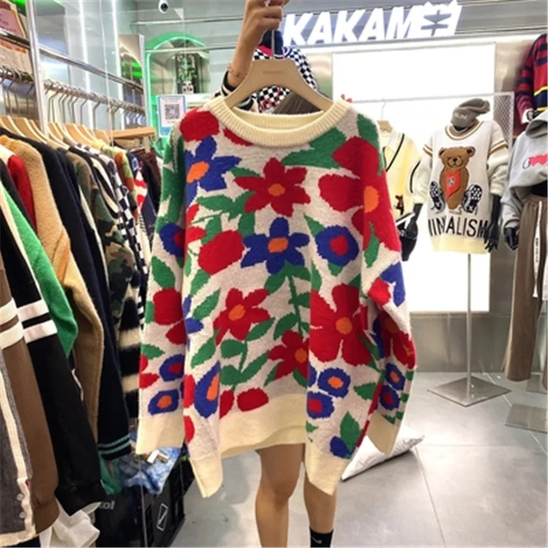 

Women's Sweater Korean Floral Long Sleeve Loose Knit Tops Female 2021 Winter