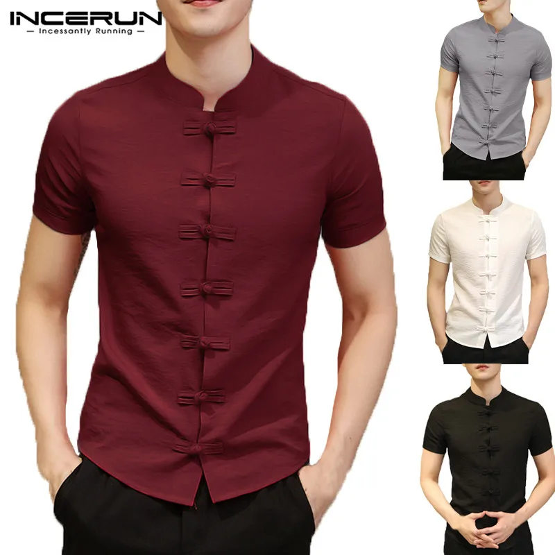 2022 Vintage Mens Shirts Dress Short Sleeve Button Down Slim Fit Summer Chinese Style Tee Tops Male Clothing Camisas Masculina