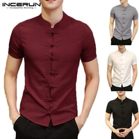 2021 vintage mens shirts dress short sleeve button down slim fit summer chinese style tee tops male clothing camisas masculina
