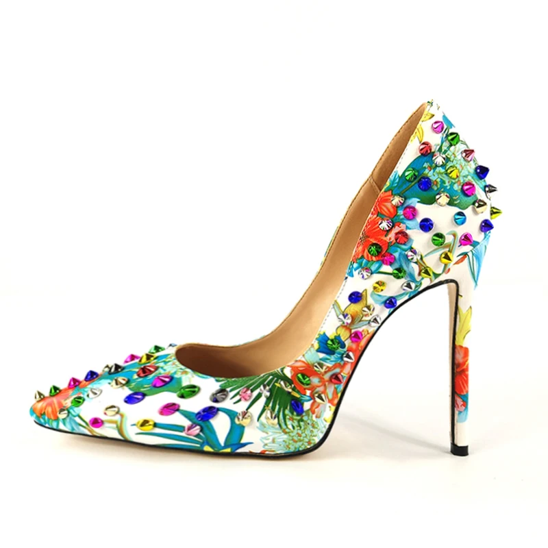 

Sexy Pointed High Heels Graffiti Pumps Patent Leather Rivet Sandals Ladies Studs Drawstring Dress Shoes High Heels Women Shoes