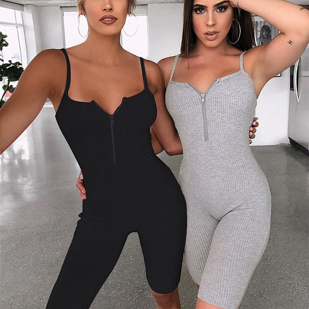 

Sexy Bodysuit Women Solid V-neck Skinny Fitness Zipper Sleeveless Short Jumpsuit rompers knitted casual streetwear