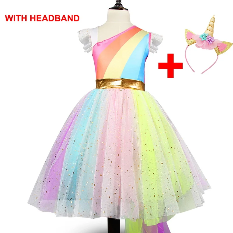 with headband Рождественское платье для девочек Красочные Единорог Детские костюмы на Хэллоуин детский праздничный костюм Карнавальные красивые платья детей Костюмы для 3, 5, 6, 8Y - Цвет: with headband