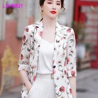 ldyrwqy 2021 summer new french fashion slim temperament printing versatile three quarter sleeve suit office lady polyester