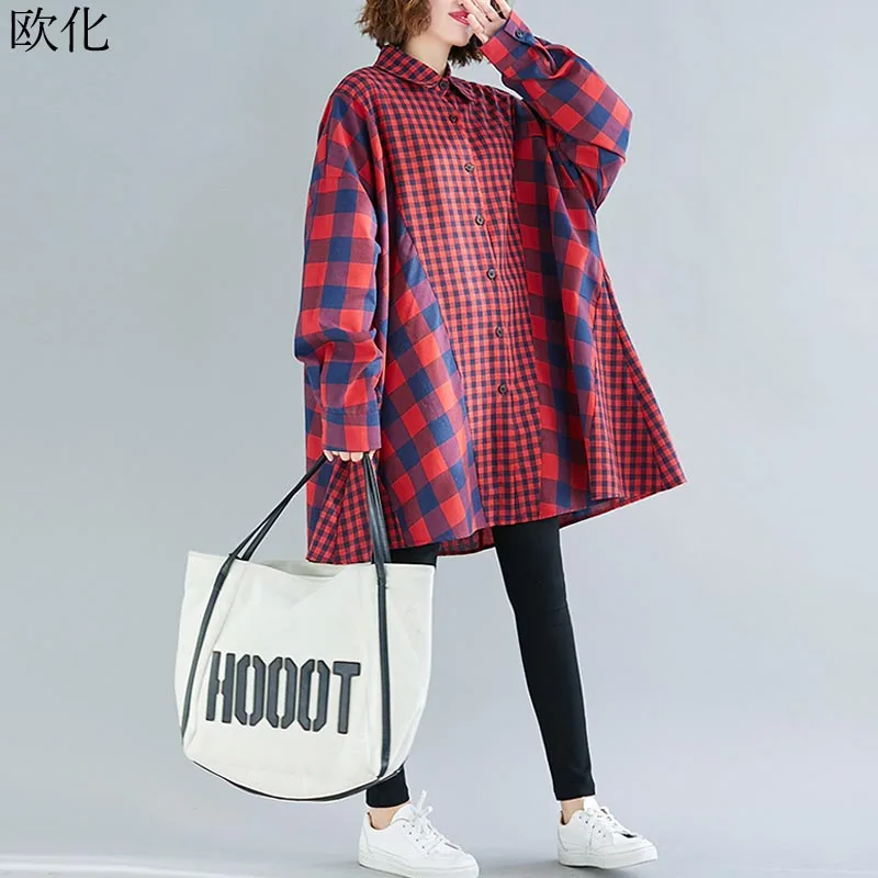 Женская клетчатая блузка большого размера новинка сезона осень зима 2019