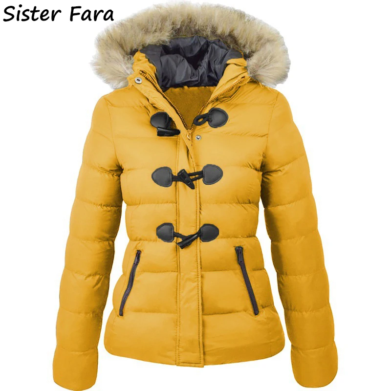 

Sister Fara 2021 Winter Cotton Hooded Down Jacket Women Slim Thicken Warm Down Coat Female Big Fur Collar Long Down Jacket Coat