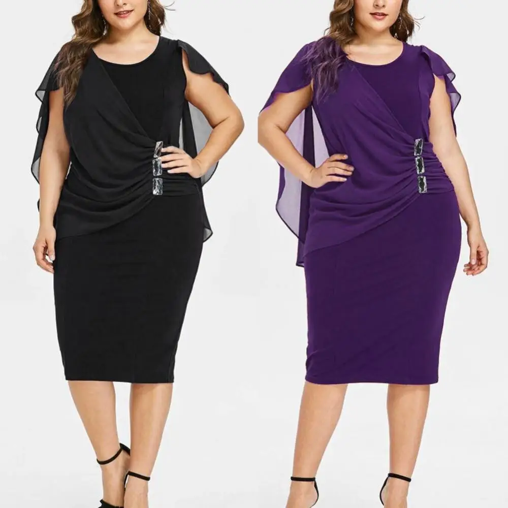 

Summer Dresses Female Solid Color O Neck Sleeveless Chiffon Asymmetrical Tippet Plus Size Dress Asymmetrical Tippet Women Dress