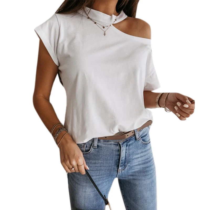 Женская футболка для девочек летняя Модная белая с открытыми плечами женская