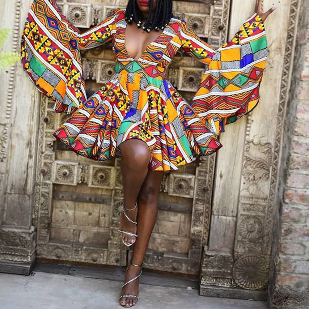 

New 2021 Digital Printing African Oversize Sexy Deep V-neck Women's Dress Fashion Design Flared Sleeves Casual Western Style