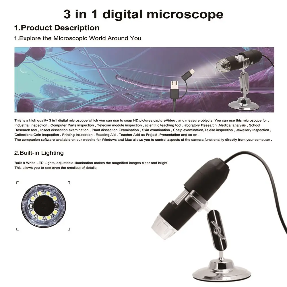 

Adjustable Digital Microscope Portable Type-C/Micro USB 1000X Magnifier Electronic Stereo Endoscope For Phone PC Jewelry Tester
