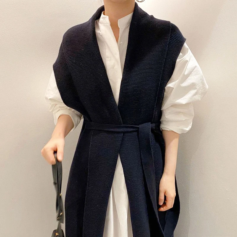 

Chic Simple Loose Puffy Sleeve Long Design Shirt Dress + V-neck Strap Tied Waist Knitted Long Vest