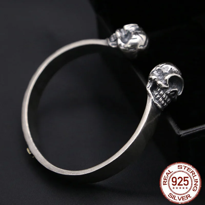 

Pure 100% 925 Sterling Silver Skeleton Head Bangle&Bracelet for Men Rock Punk Skull Bangles Handmade Carved cross Fine Jewelry