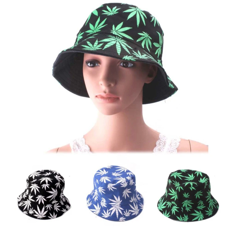 

2021 New Cotton Maple Leaf Print Panama Bucket Hat Women Men Flat Top Hip Hop Cap Couple Sunscreen Sun Cap Casquette