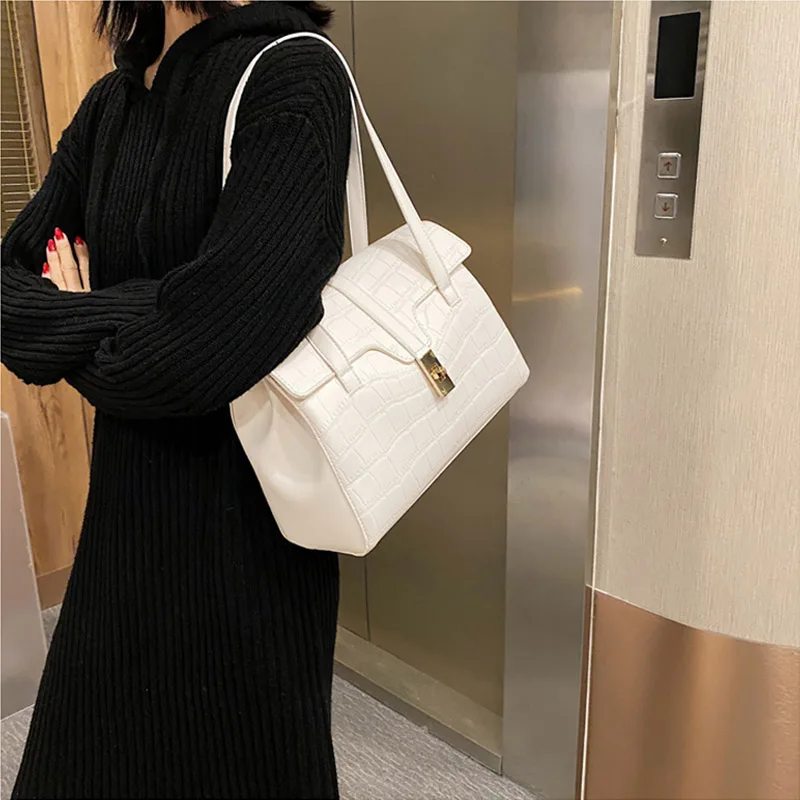 

Stone Pattern PU Leather Shoulder Bags For Women Handbags 2021 New Fashion Ladies Solid Color Top-Handle Bag Large Capacity Bags
