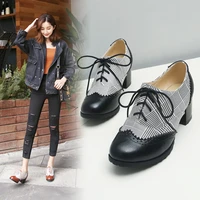 high heels pumps chunky heels women shoes gingham oxfords shoes round toe retro ladies brogue women large size british style