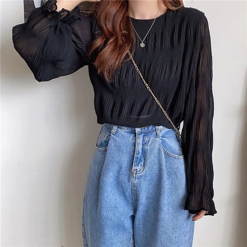 

Autumn New Y2k Aesthetic Style Korean T-shirt O-neck Long-sleeved Elegant This Pleated Top Ladies Pure Color Casual Fashion Top