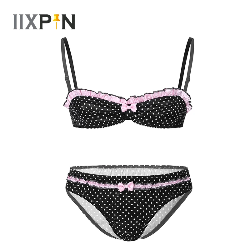 

Mens Sissy Lingerie Set Sexy Polka Dot Printed Gay Underwear Set Erotic Ruffles Sexy Bra Top With Underwear Men Sissy Panties