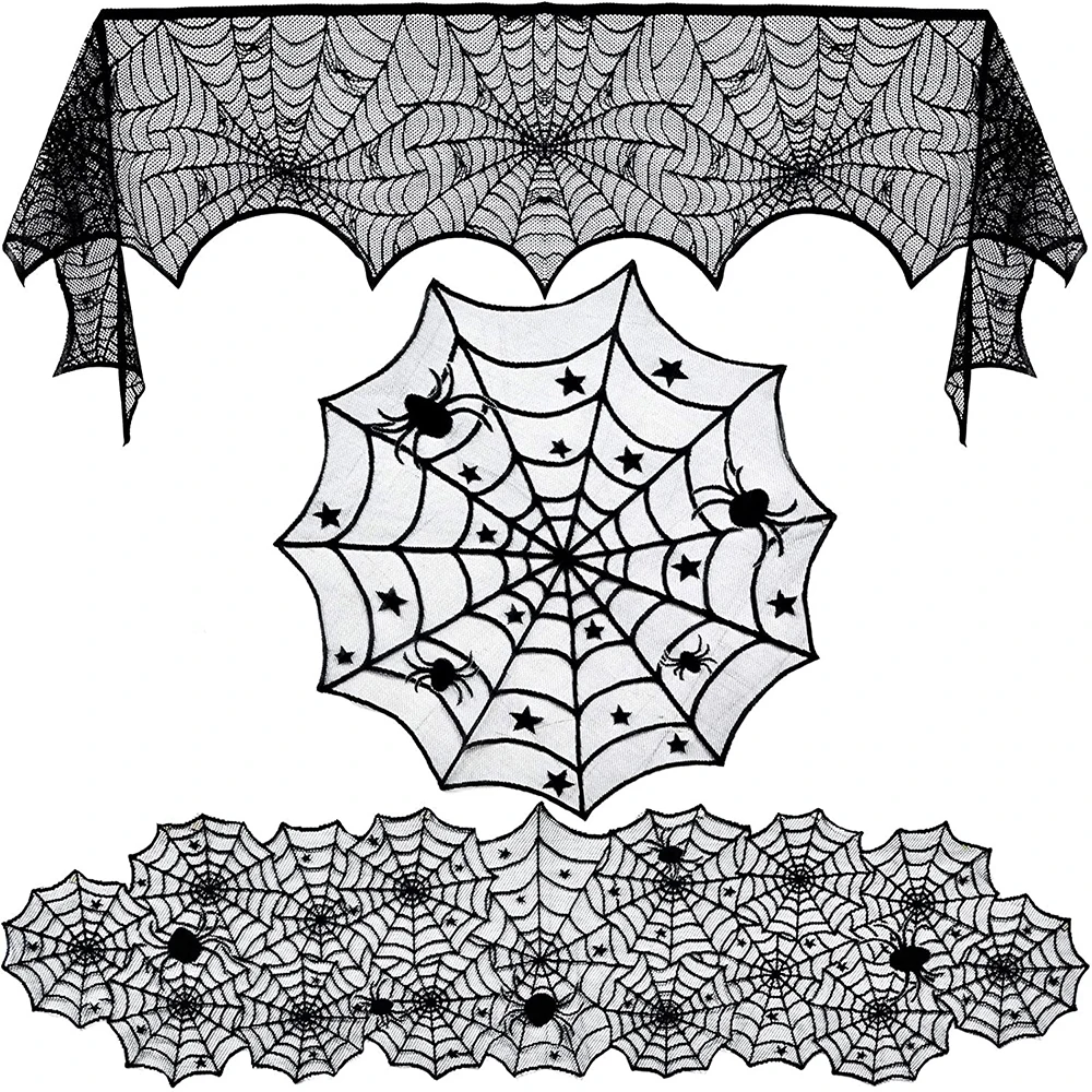 

3pcs Halloween Table Cloth Black Lace Cover Table Runner Spiderweb Fireplace Scarf Table Decor Halloween Decorations For Home