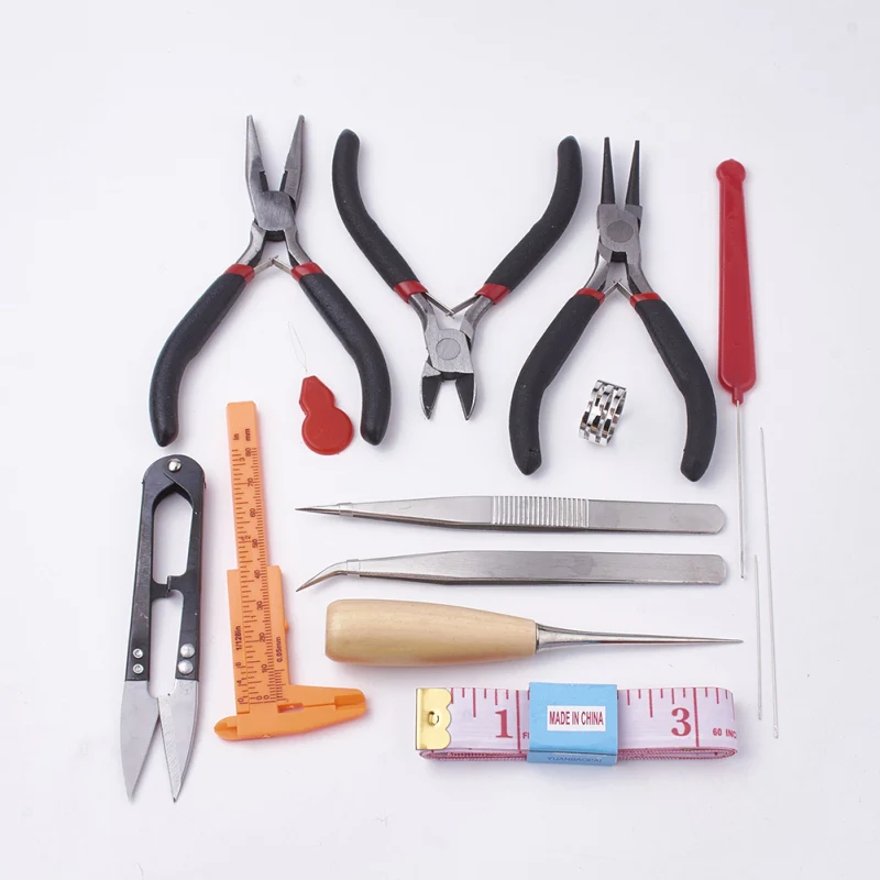 1set DIY Ювелирные наборы инструментов плоскогубцы ножницы Бисероплетение пинцеты булавки латунные кольца крючком крюковые иглы рулетка штангенциркуль - Цвет: 1set