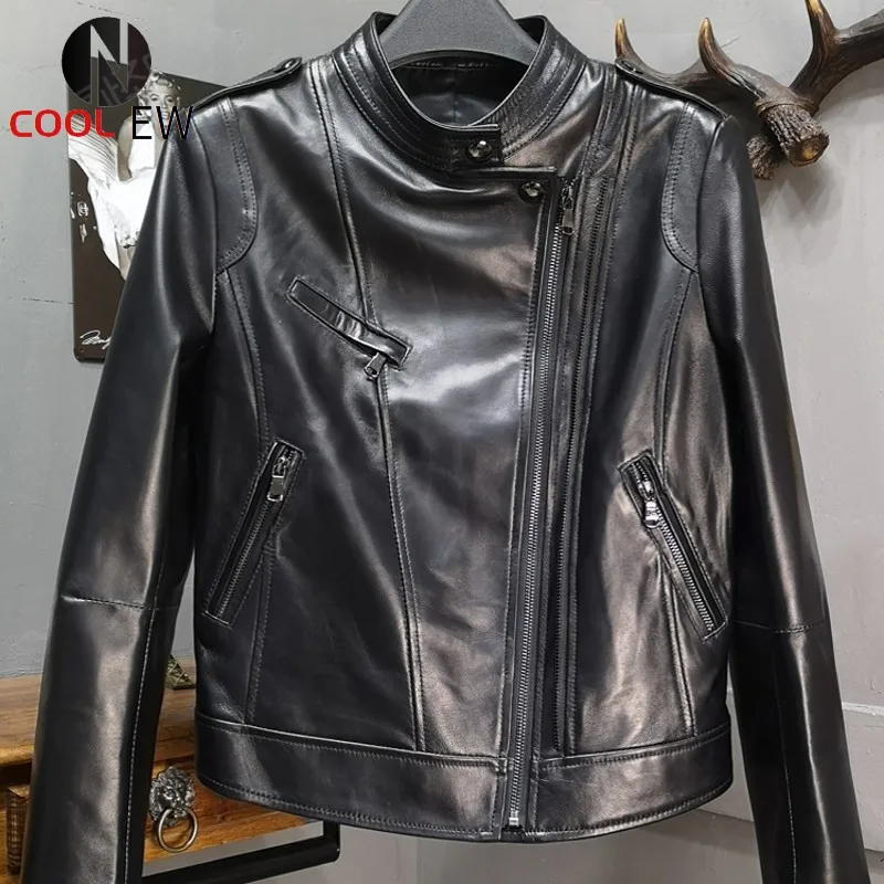 

Fashion Long Sleeve Zipper Stand Collar Womens Short Jackets Spring Autumn Sheepskin Genuine Leather Slim Fit Coats Plus Size