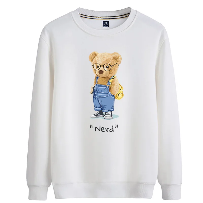 

100% Cotton Plus Velvet Cute Sling Bear Print Sweater Women Pullover Winter Men's Sweatshirt Super Dalian Hoodie Couple Sweater