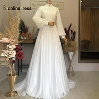 white moroccan wedding dress elegant long muslim marriage high neck applique arabic lantern sleeve formal muslim wedding dresses