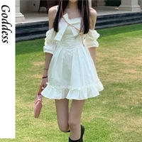 women bow ruffle sweet cute dress white kawaii fairy strap patchwork off shoulder sexy party mini dresses princess sundress 2021