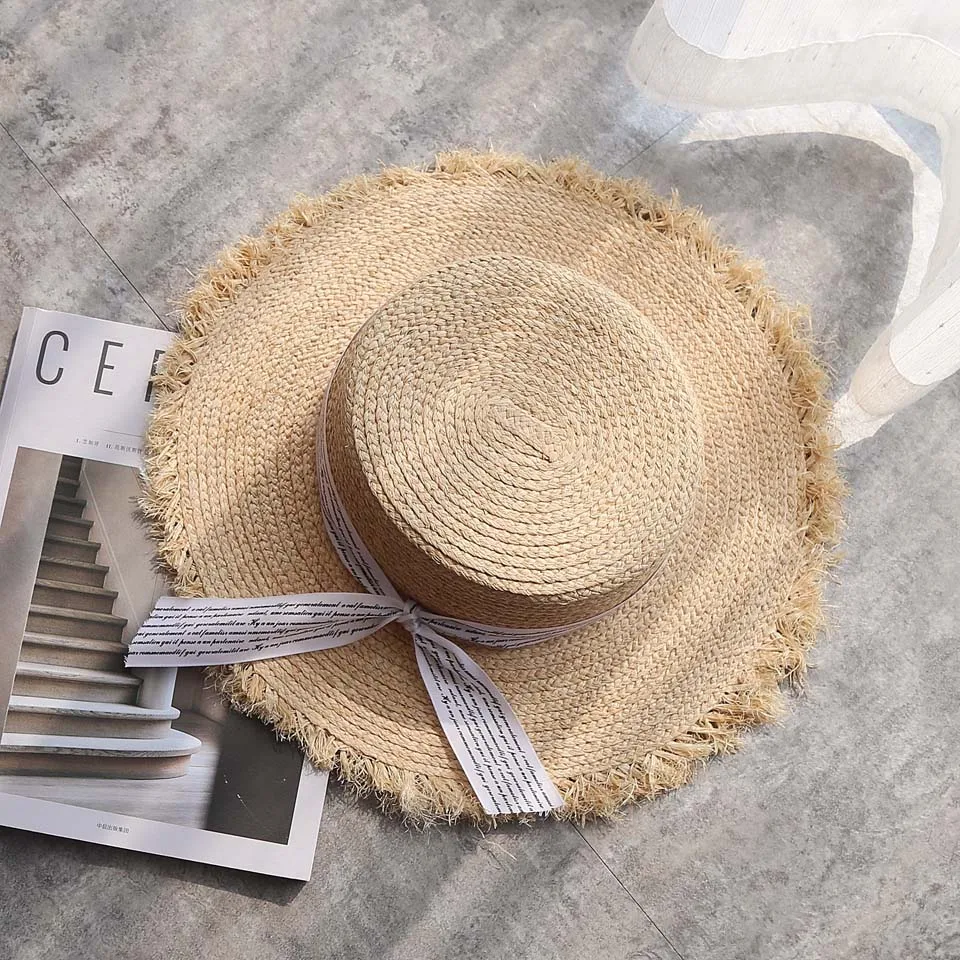 Женская Соломенная шляпка ручной работы из рафии Пляжная Складная от солнца 6