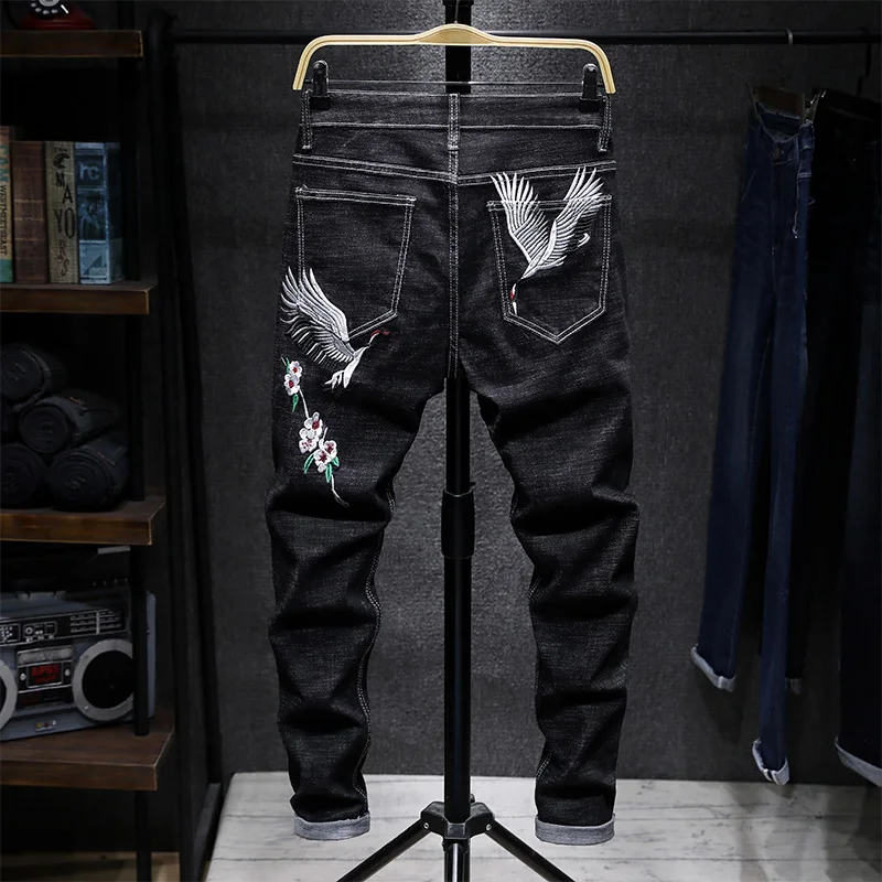 Мужские прямые джинсы в стиле хип-хоп китайские облегающие байкерские с вышитой