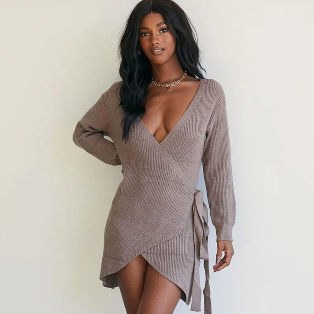 

2021 Women's Autumn New Dress Casual Simple Commuting Home Style Loose Solid Color Knitted Warm Lace Straight Waist Dresses