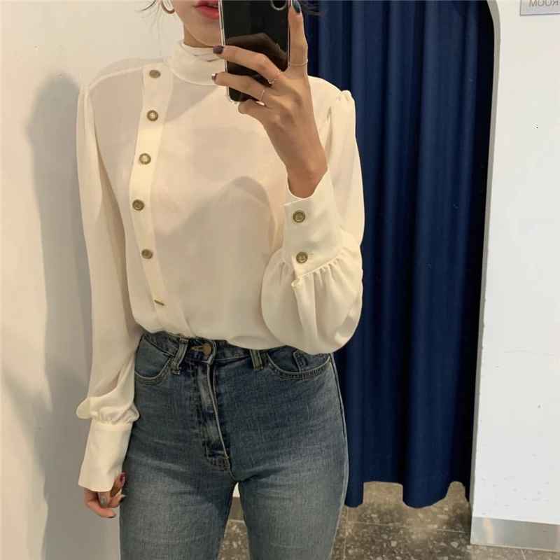 SHENGPALAE New Spring Spring Korea Style Full Lantern Sleeve Stand Collar With Button Chiffon Single Breasted Women Shirt FR397