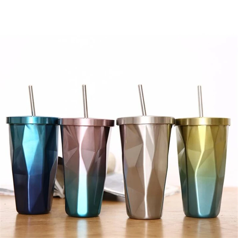 

HOT SALE 500ml Gradient Stainless Steel Cups Coffee Cups With Straws Double Wall Vacuum Drinking Metal Tea Mug Cup